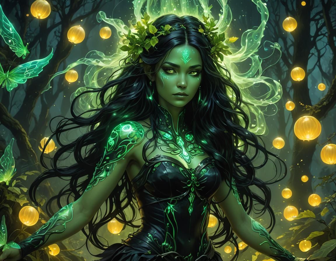 Bioluminescent Toxic Fae Woman with Wavy Hair