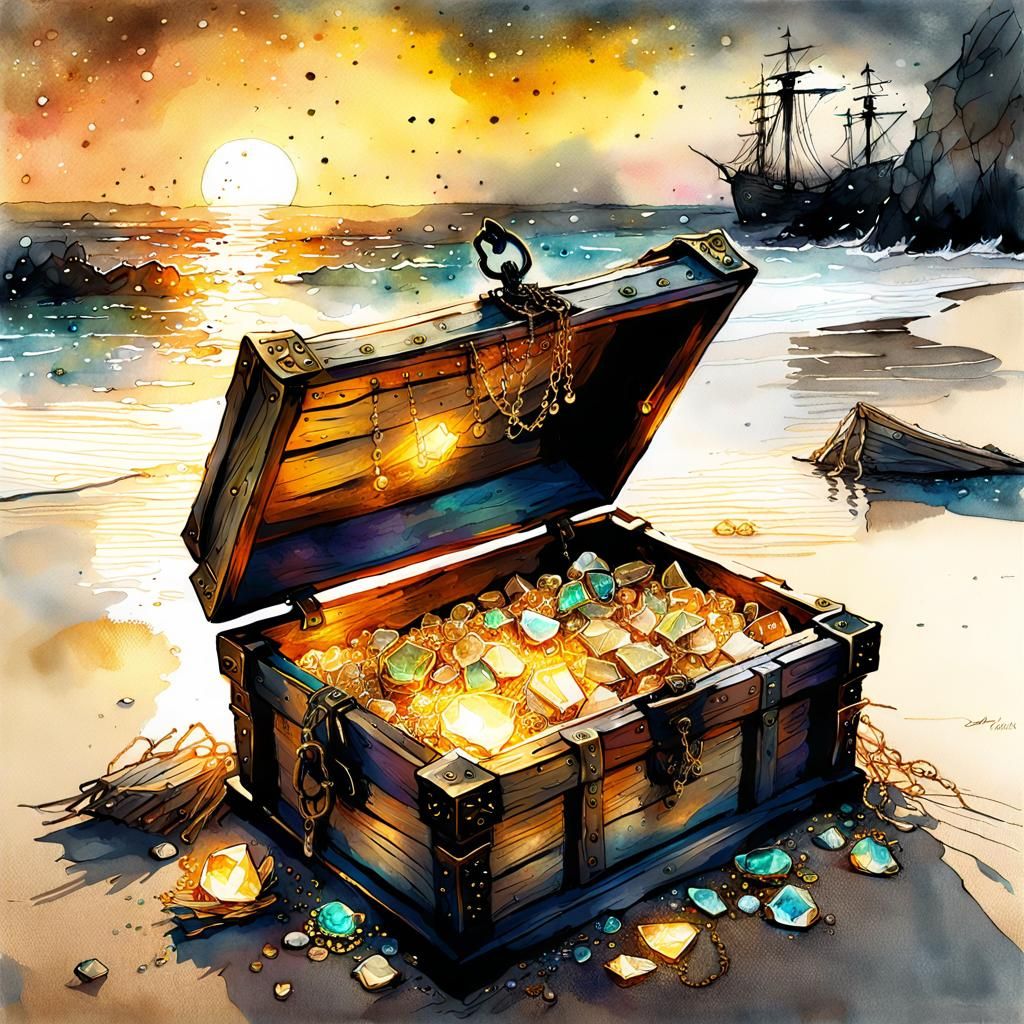 Pirate Treasure Chest on Beach in Watercolor Style