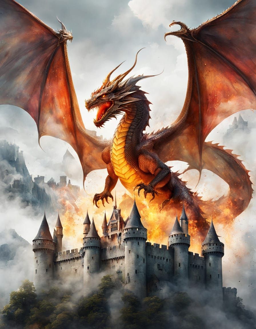 Surreal Dragon Conquers Castle in Medieval Fantasy