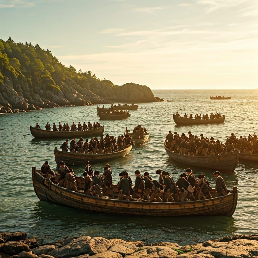 Colonial Troops Land on Rocky Shore in Weathered Vessels
