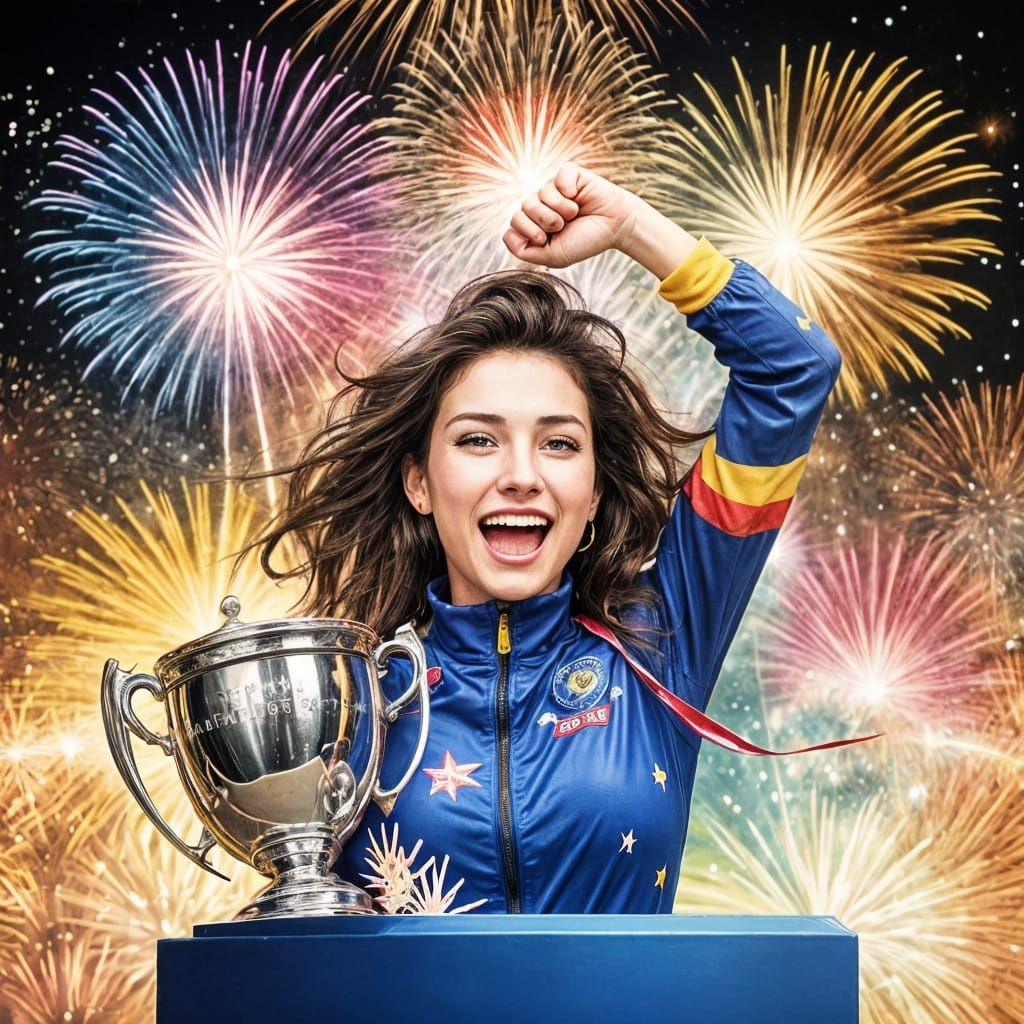 Woman Celebrates Victory with Trophy and Fireworks