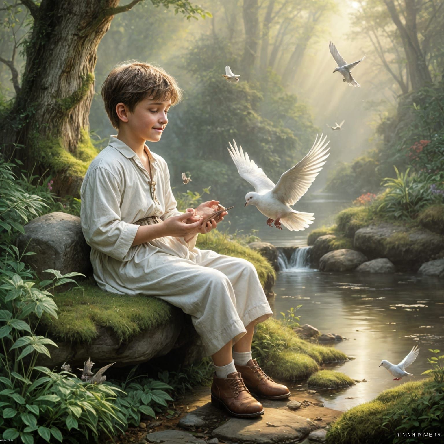 Little Boy Feeds Dove in Enchanted Realism