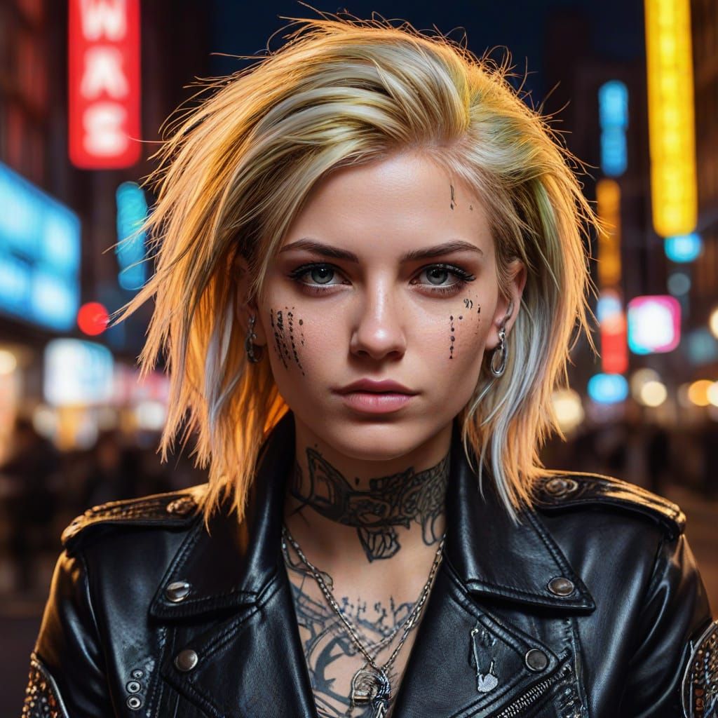 Punk Portrait: Woman with Glowing Tattoos in Neon City
