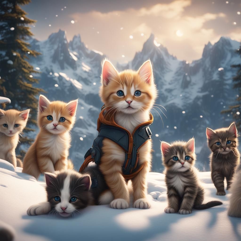 Kittens and Puppies Play in Snowy Mountains
