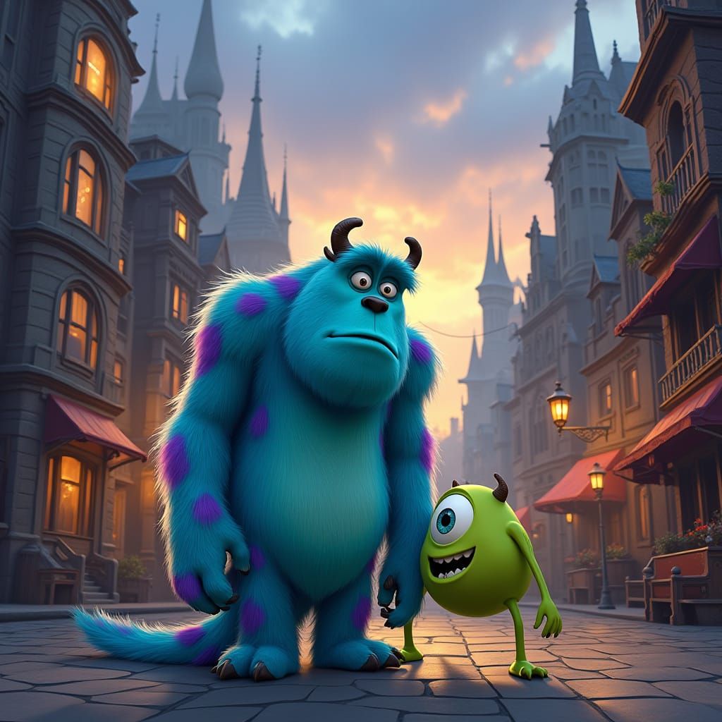 Sulley and Mike in a Whimsical Wizarding City