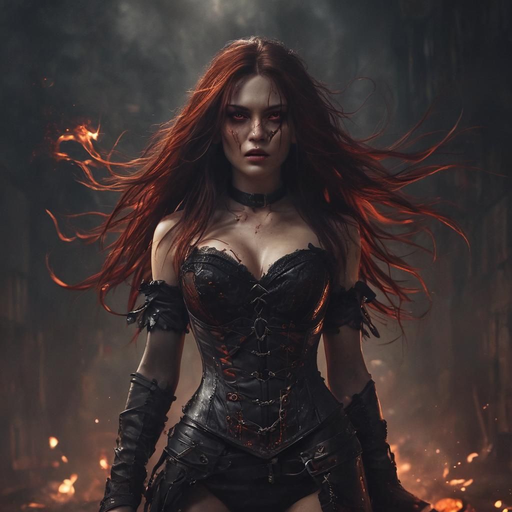 Eerie Demon Woman with Fiery Hair in Dark Fantasy