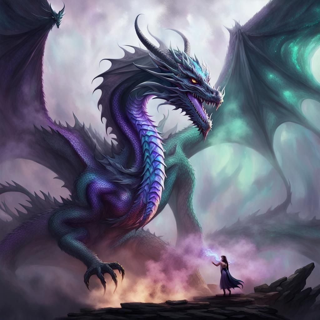 Evil Mist Dragon and Elf in Dark Fantasy Art