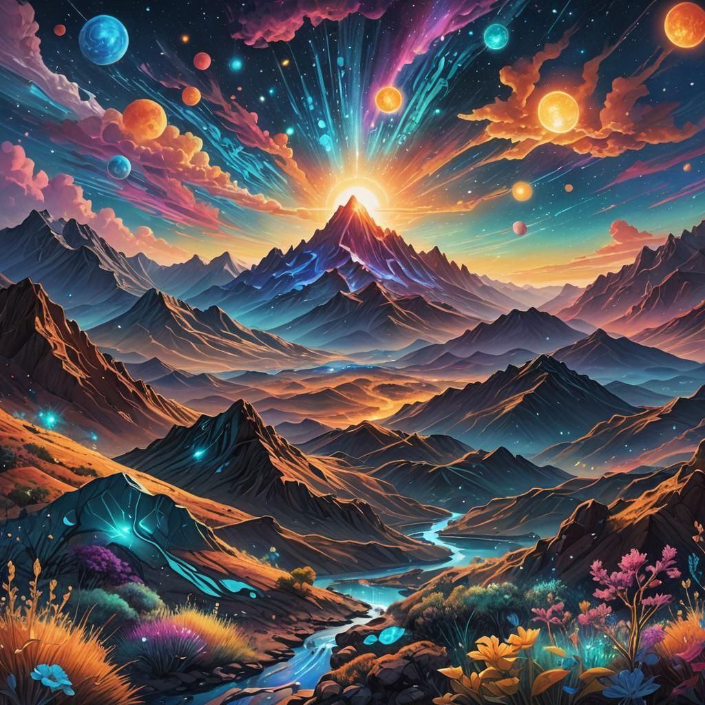 Bioluminescent Galactic Dawn Over Mountains: Cosmic Art
