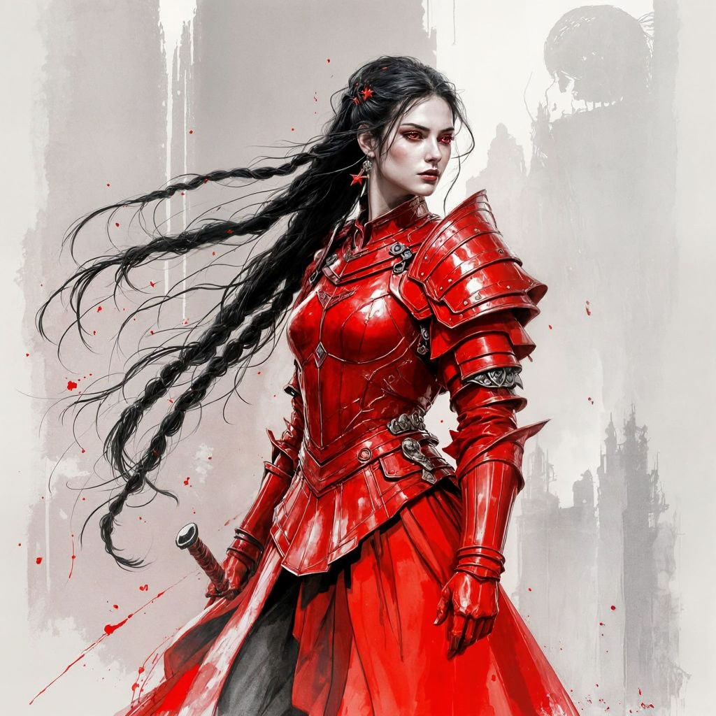 Red Knight Warrior in Abstract Ink Style