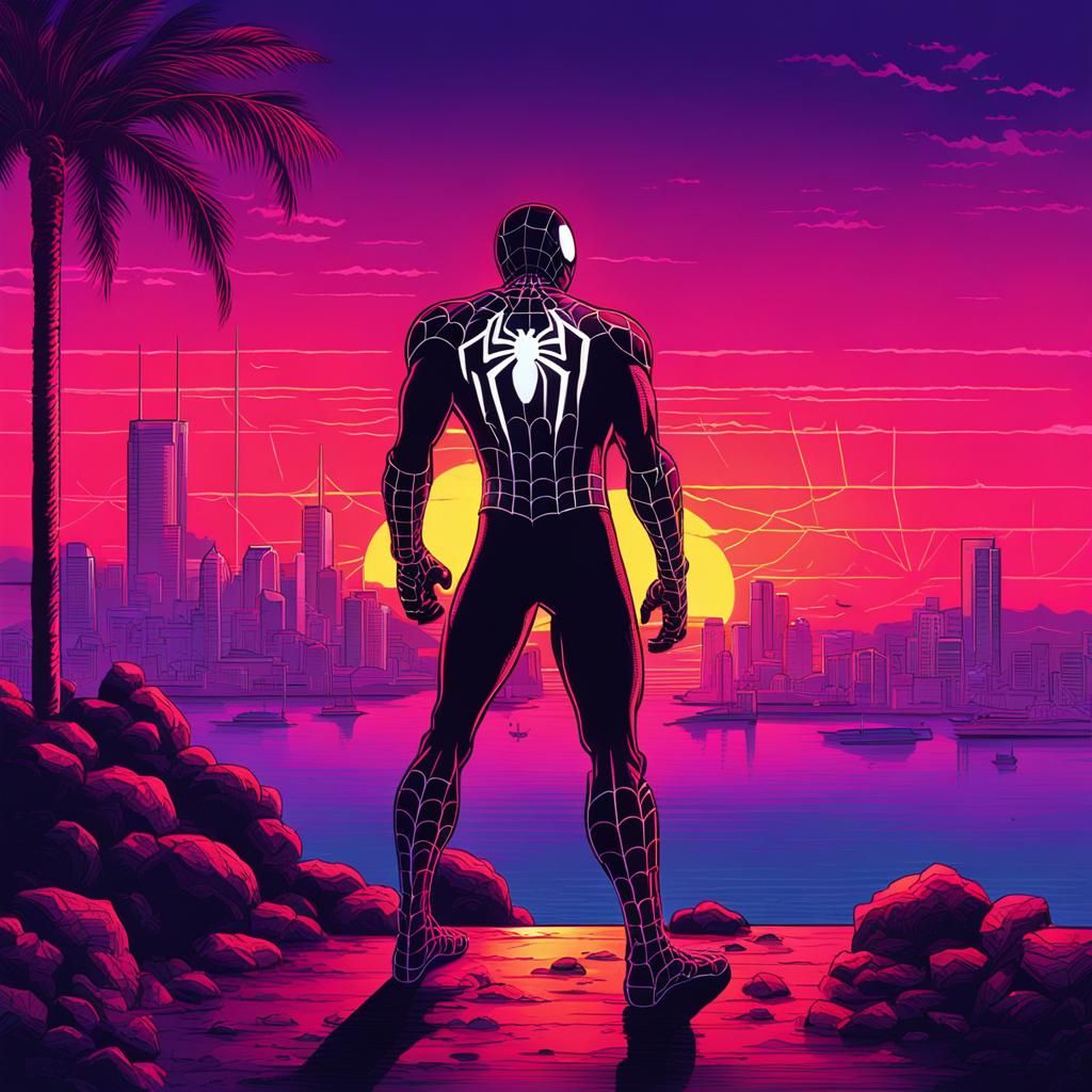 Spider-Man Sunset: Synthwave Neon Retro Illustration