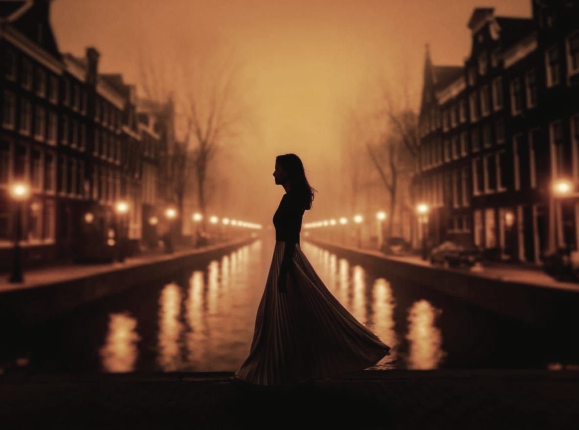 Foggy Dutch Cityscape with Woman Silhouette