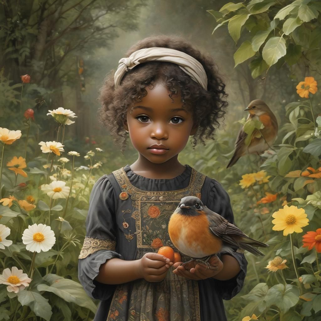 Toddler Girl with Robin in Garden, Vintage Illustration