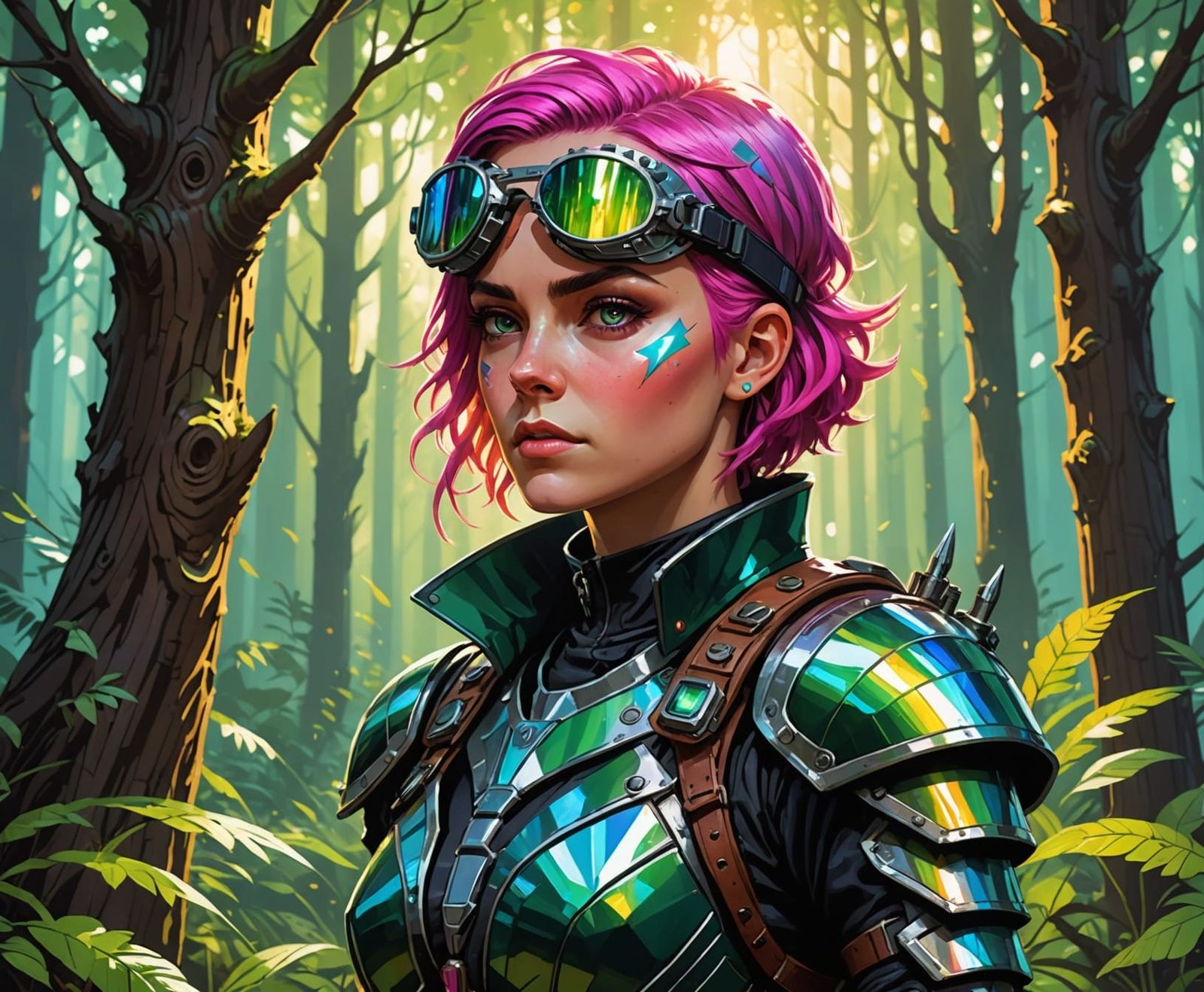 Dieselpunk Huntress in Steam-Filled Forest