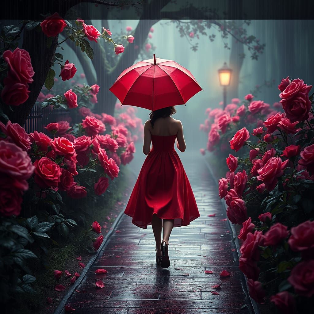 Woman in Rose Garden on Rainy Path