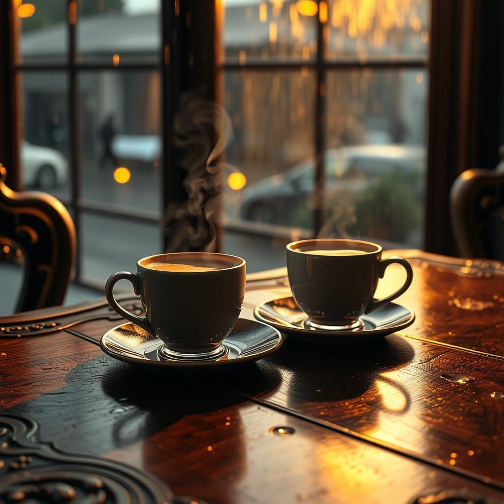 Steaming Coffee Cups on a Rainy Day Interior