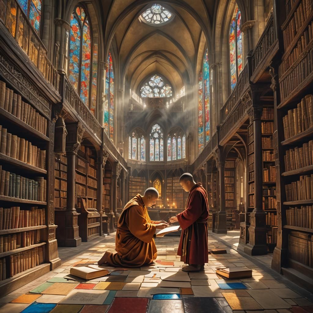 Medieval Monk Scribing in Monastery Library