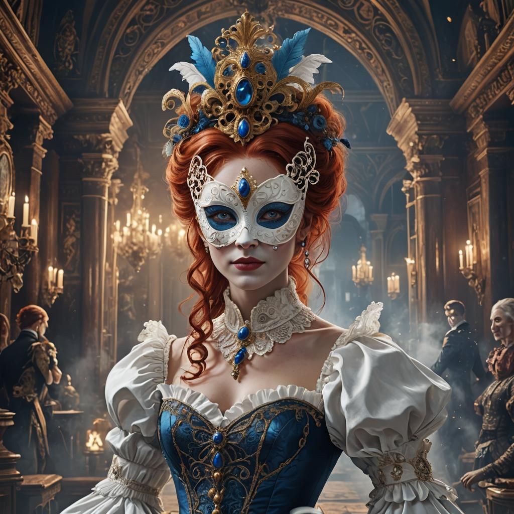 Woman at Masquerade Ball in Victorian Dress