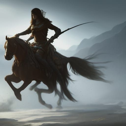 Tatar Warrior Woman on Horseback, Dark Fantasy Art