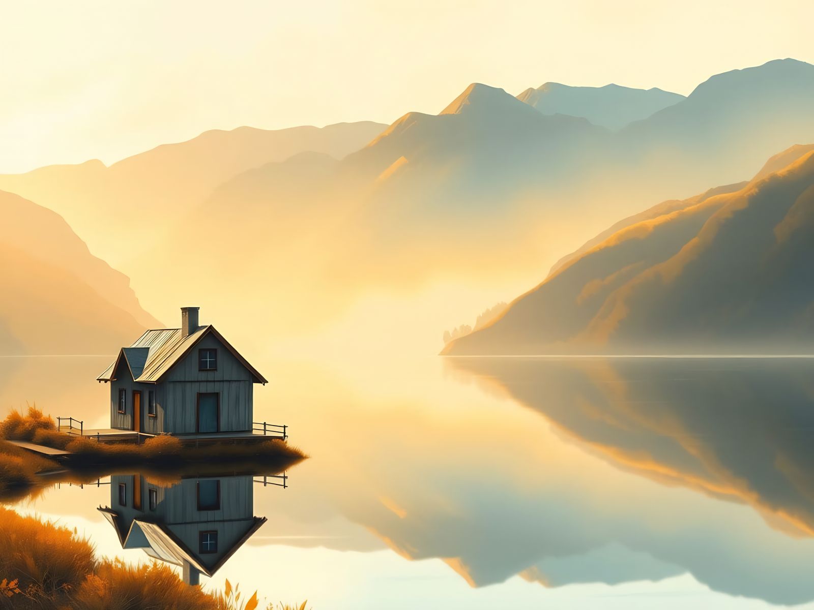Surreal Pastel Landscape with Idyllic Lake House