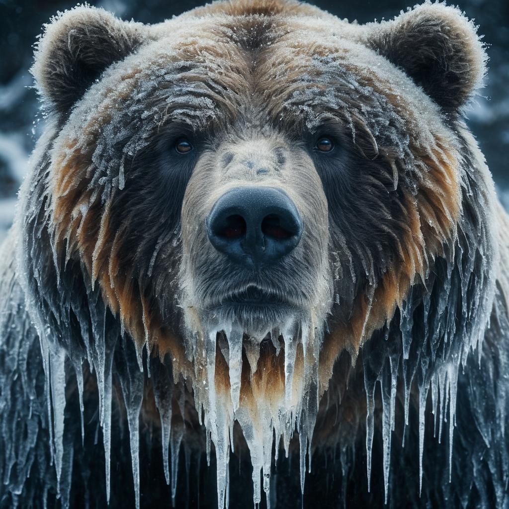 Icy Kodiak Bear Portrait from Frozen Darkness