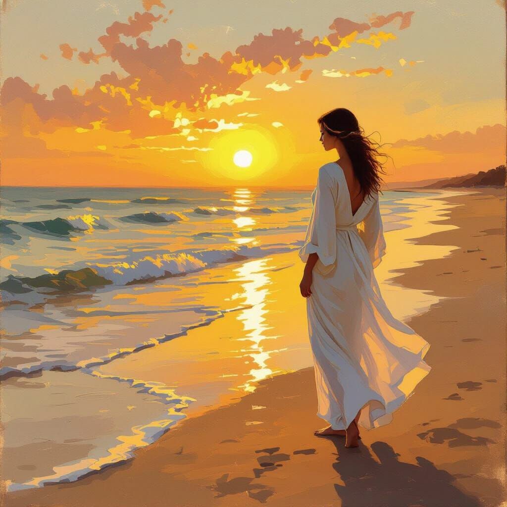 Woman on Beach at Sunset in Painterly Style
