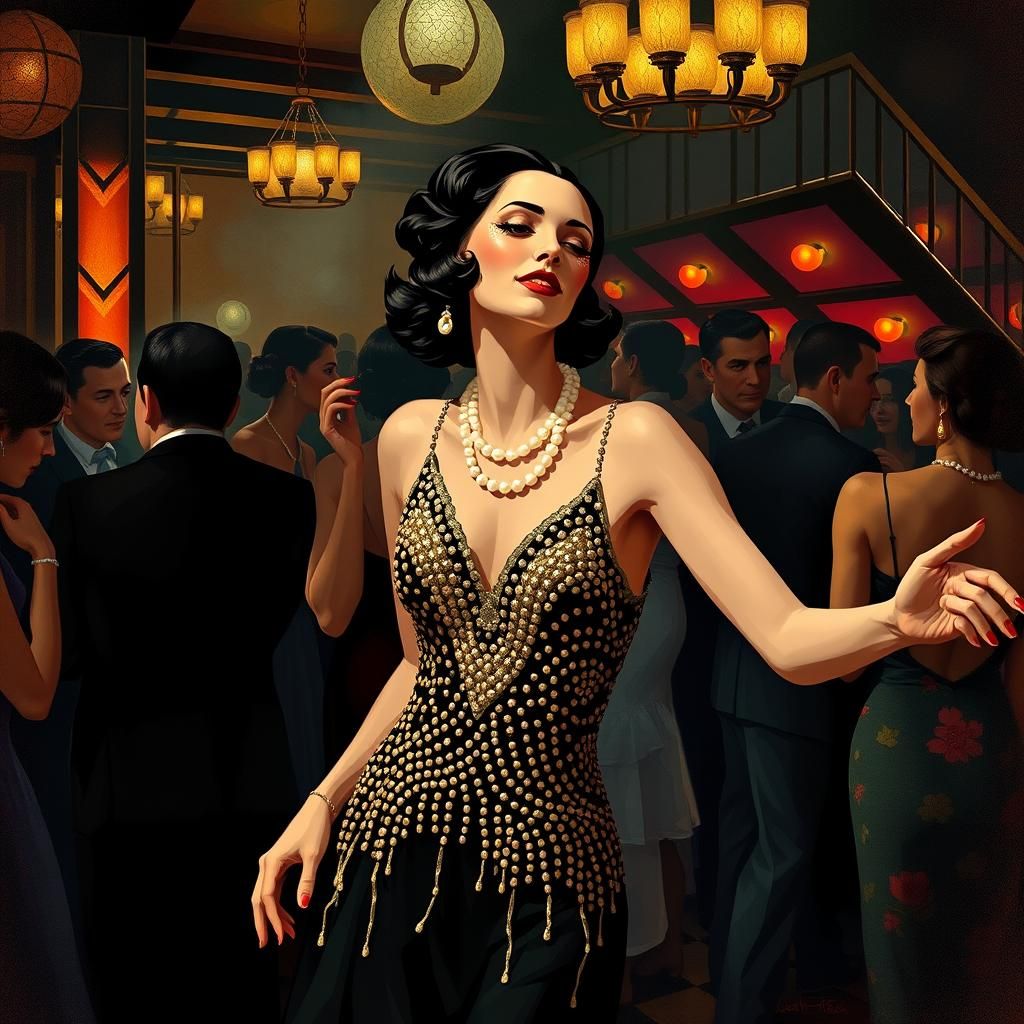 Flapper Dancing in Speakeasy, Soft Cubism Style