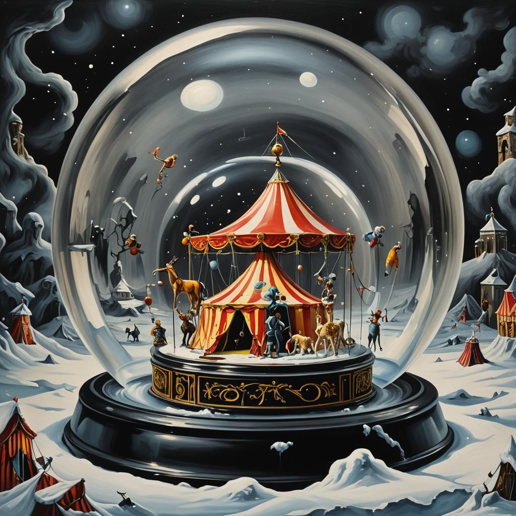 Surreal Circus Snow Globe: Dali-esque Melting Canvas