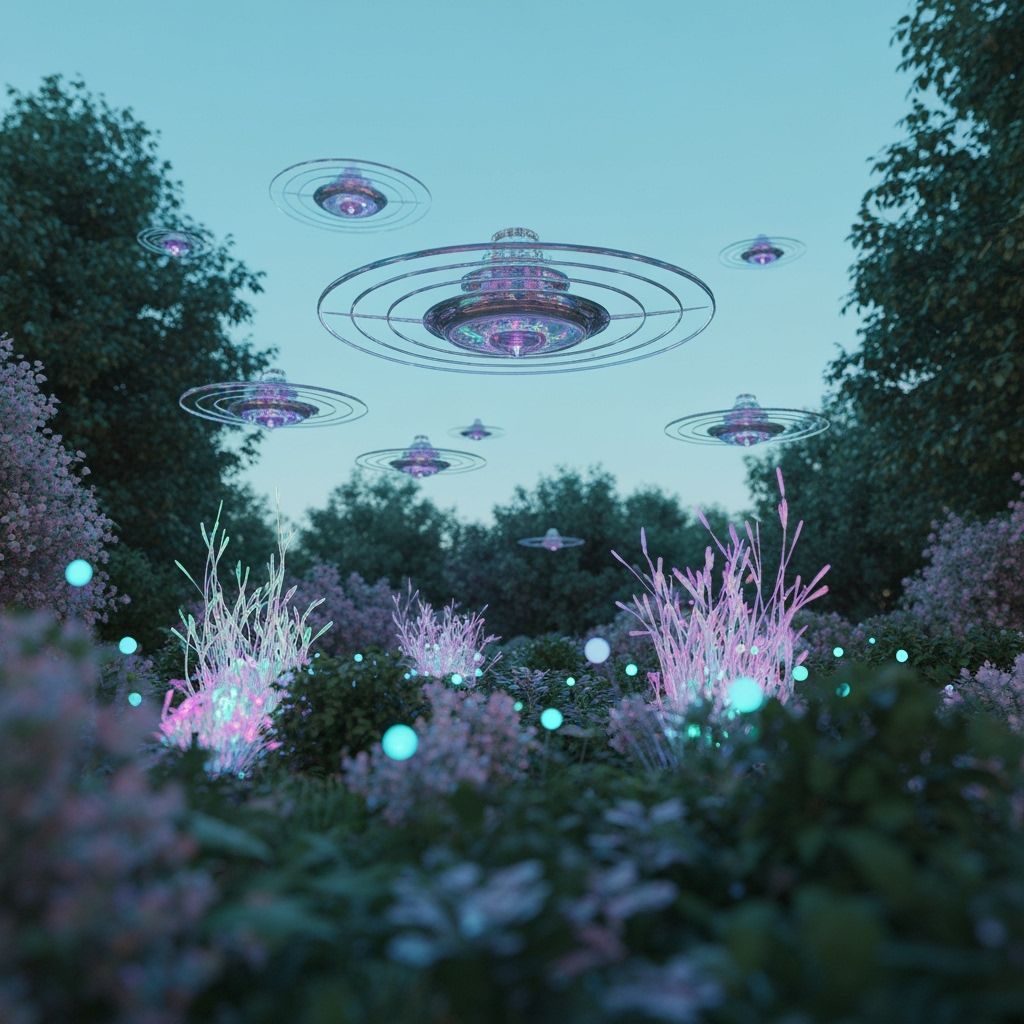 Astropunk UFOs Hover Over City Garden in Pastel Hues