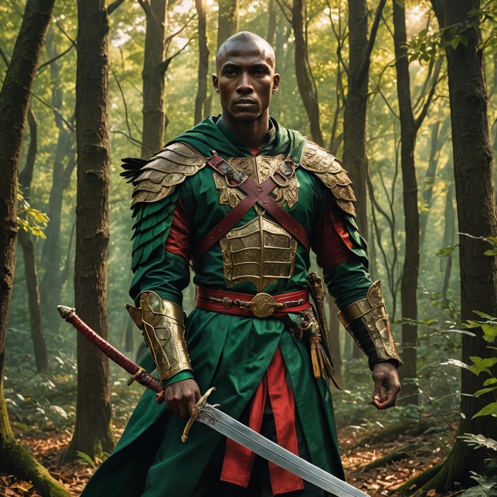 Angelic Warrior in Emerald Forest: Cinematic Close-Up