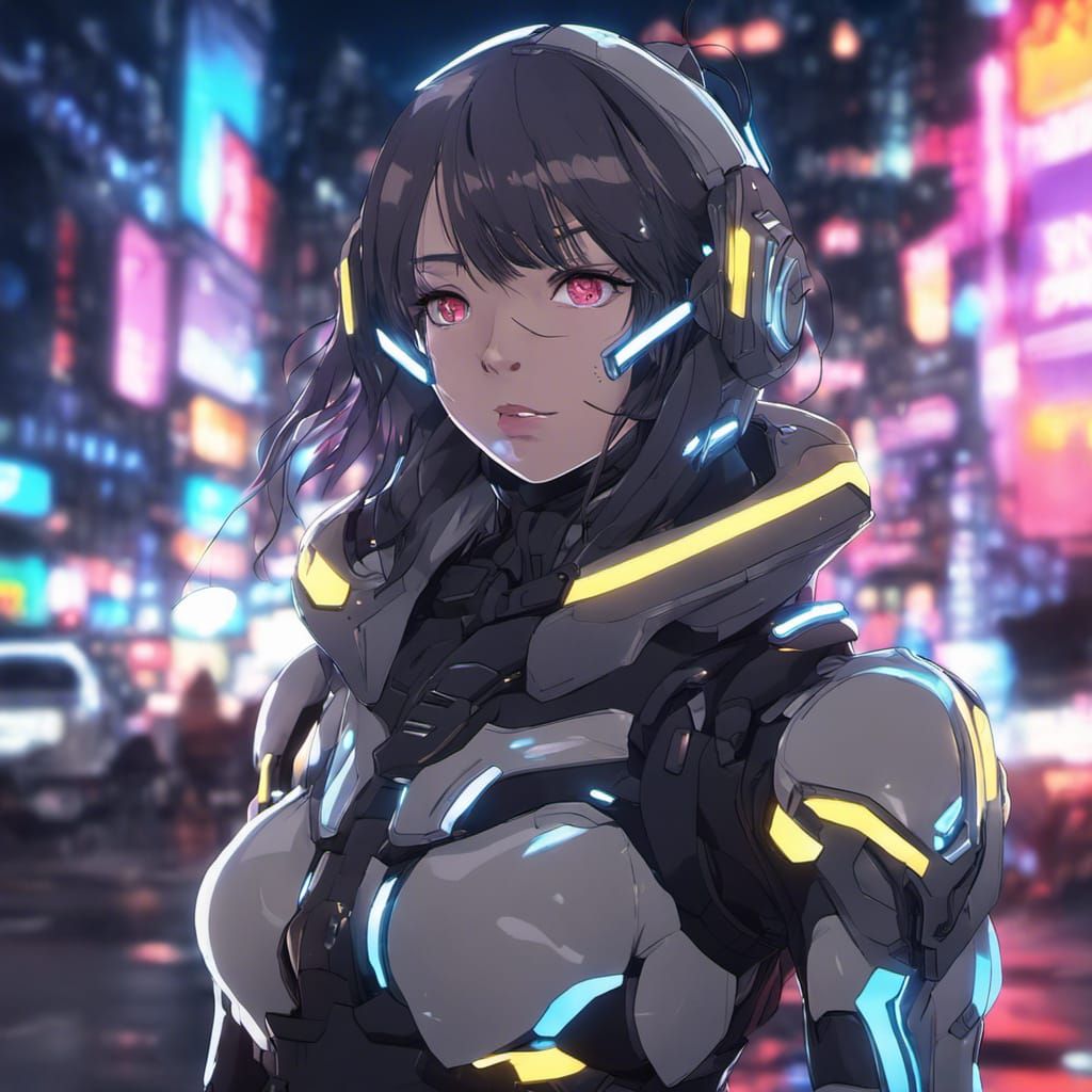 Cyborg Girl in Neon City, Anime Style
