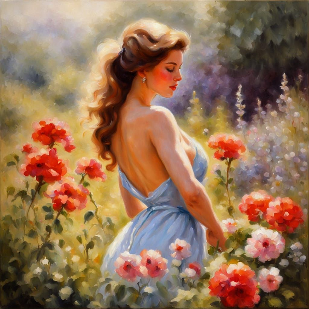 Sensual Woman Smelling Flowers, Impressionistic Oil Painting