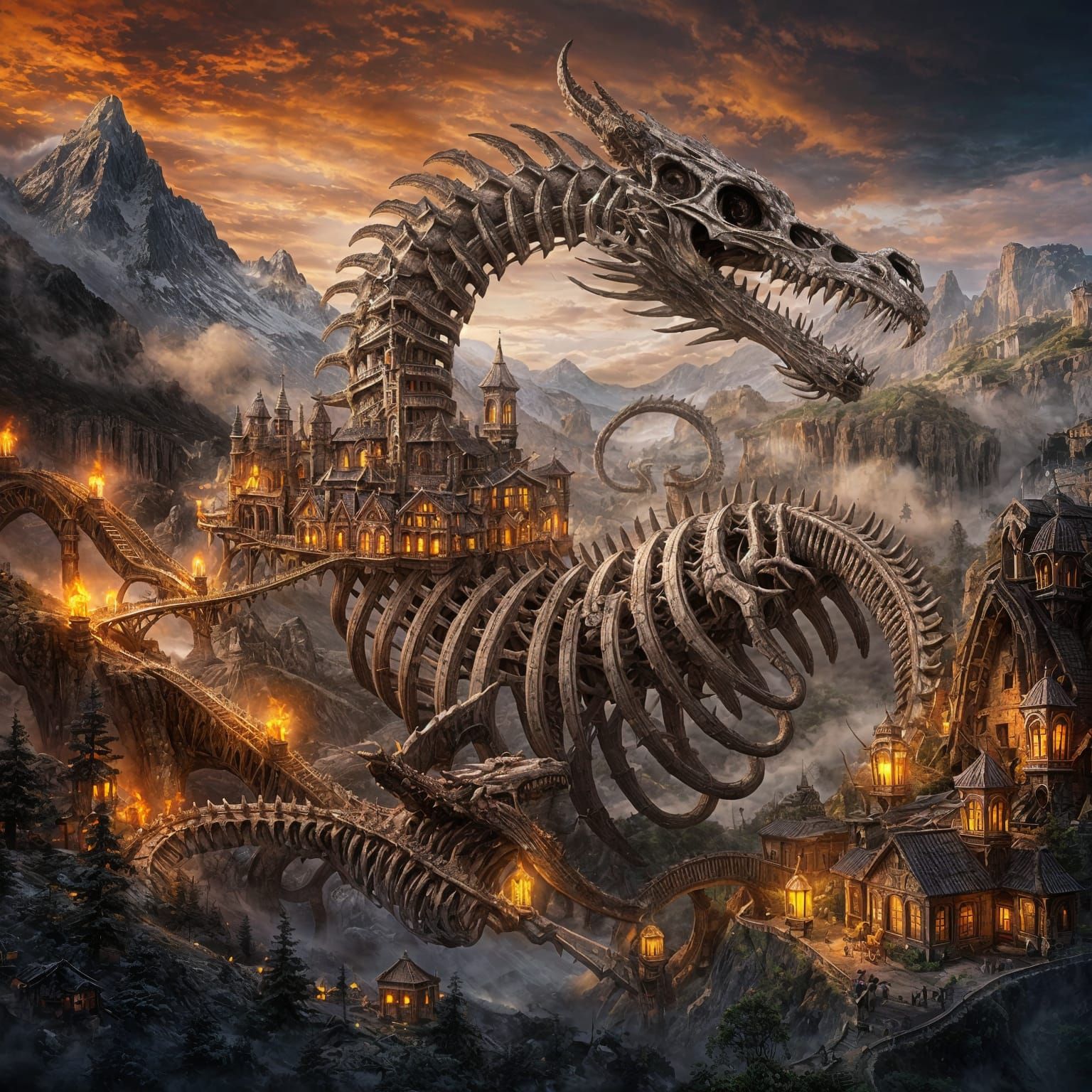 Ancient Dragon Skeleton City in Mountain Valley Digital Art