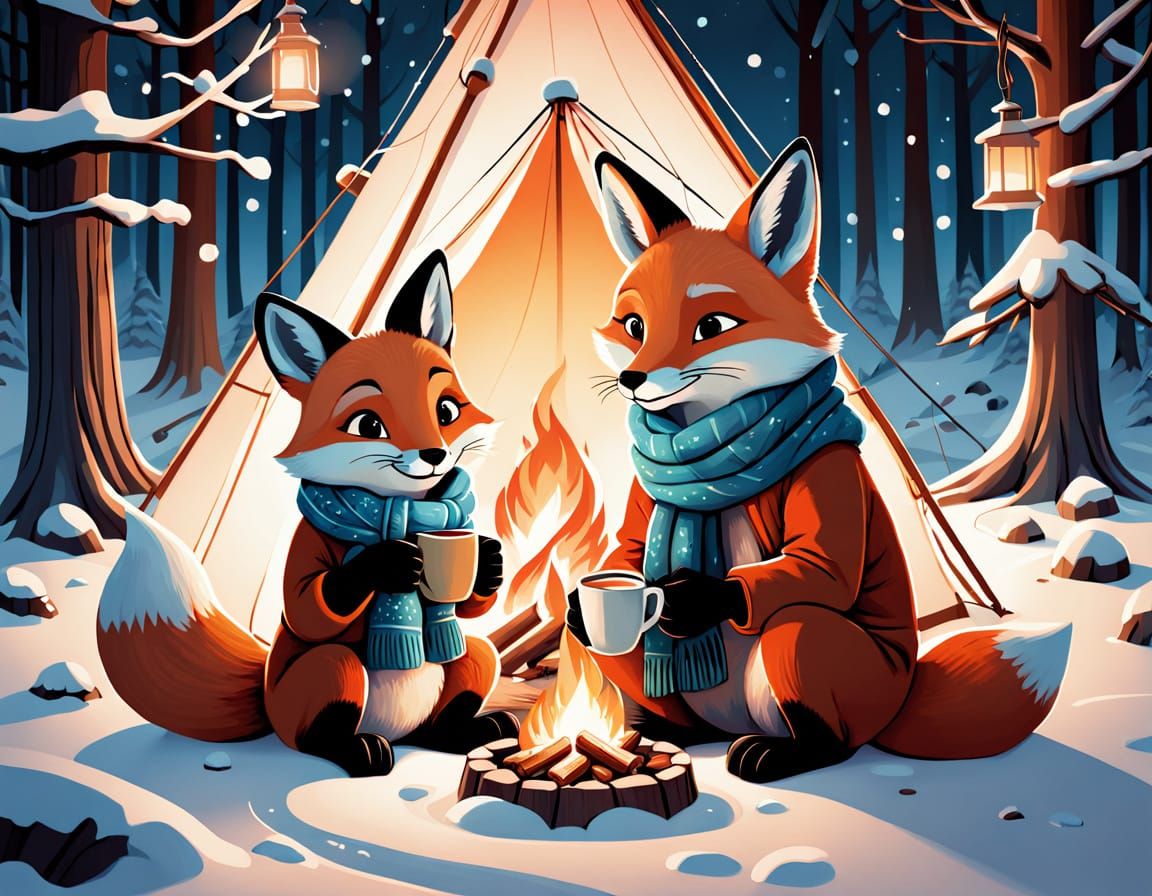 A digital illustration of a cozy winter camping scene with anthropomorphic animals. scene features a close-up of a cute ...