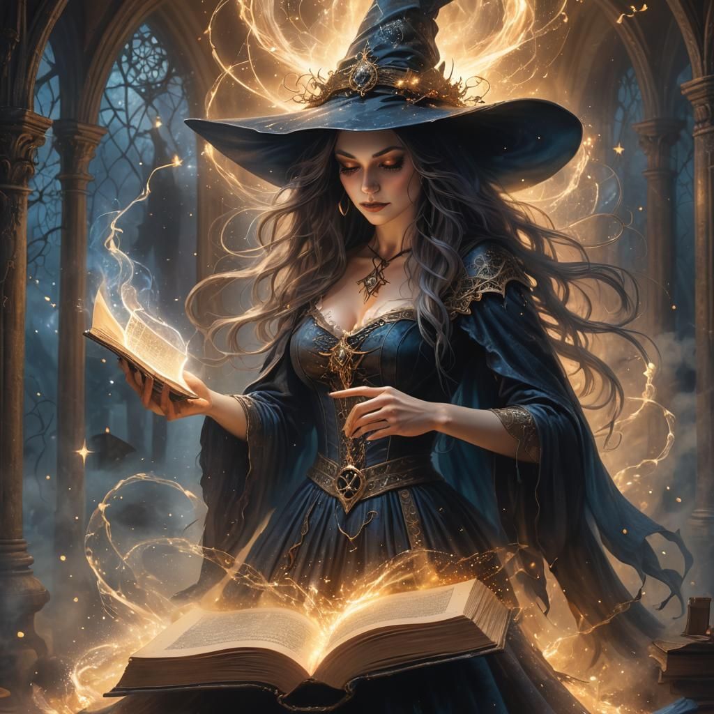 Enchanting Witch Embraces Magic Book in Fantasy Art