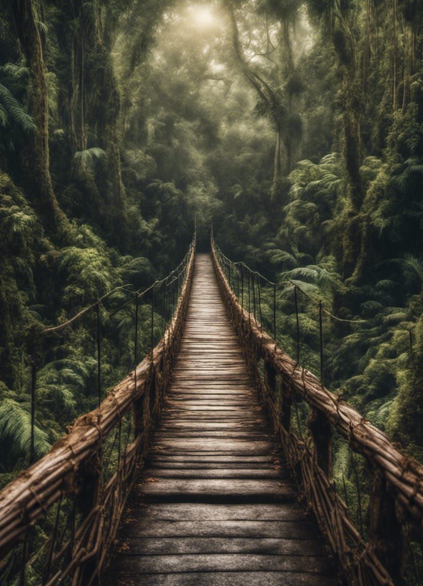 Lush Rainforest Canopy Featuring Vine Bridge