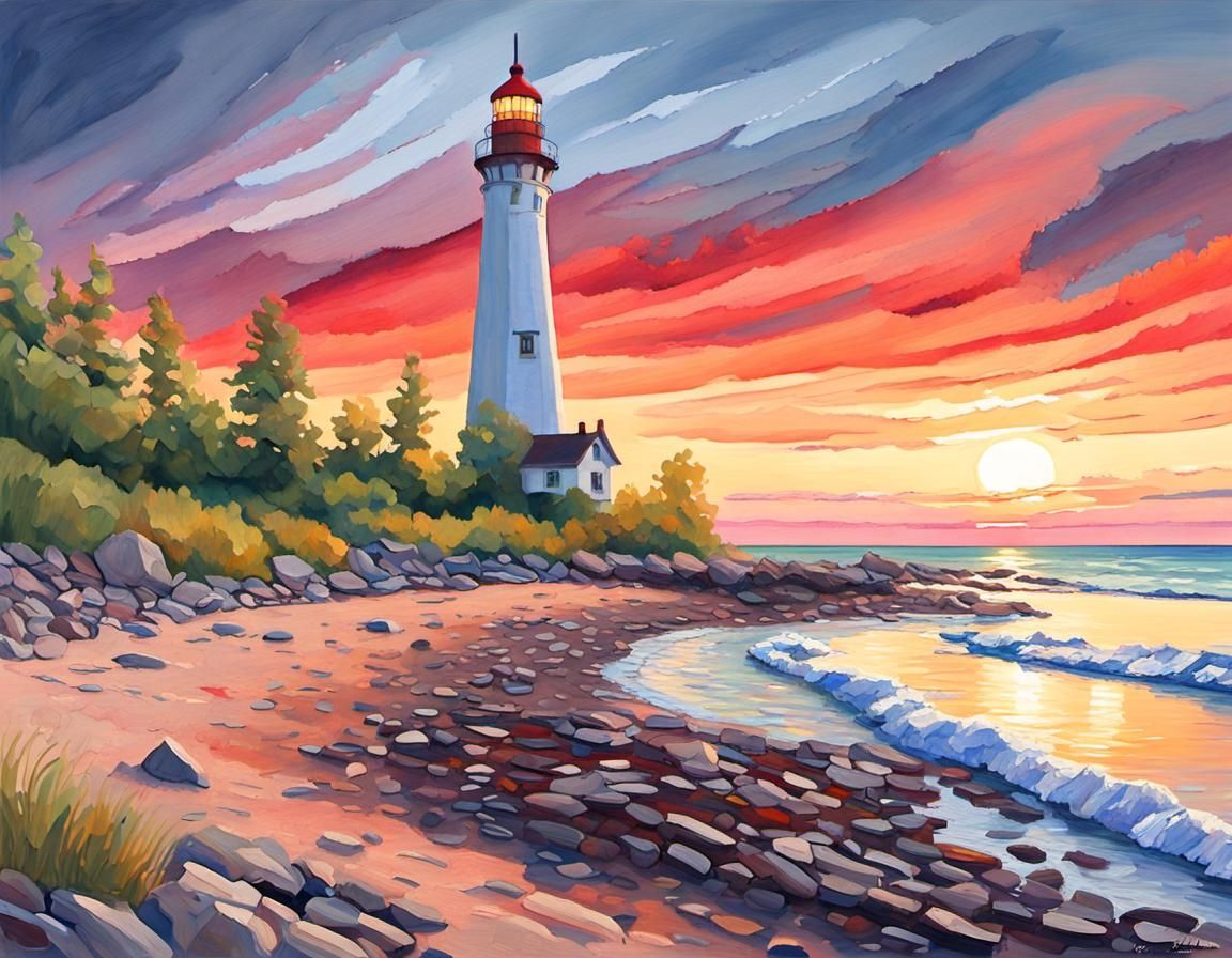 Sea Glass and Lighthouse: Impressionist Gouache Painting