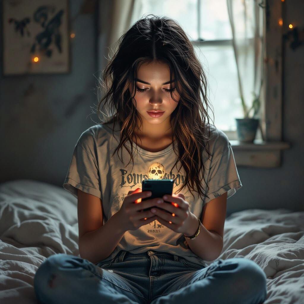 Teen Girl's Fearful Fascination with Skull on Cell Phone Scr...