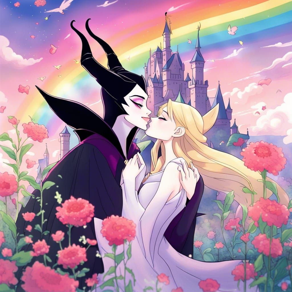 Maleficent and Aurora Kiss in Anime Style