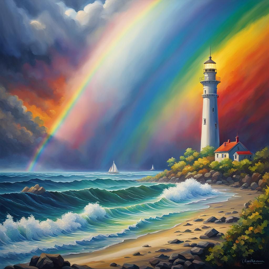 Ocean View with Rainbow: Photorealistic Luminist Painting