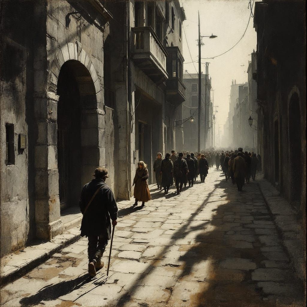 Wartime Austerity on Quiet Streets in Goya-Bruegel Style