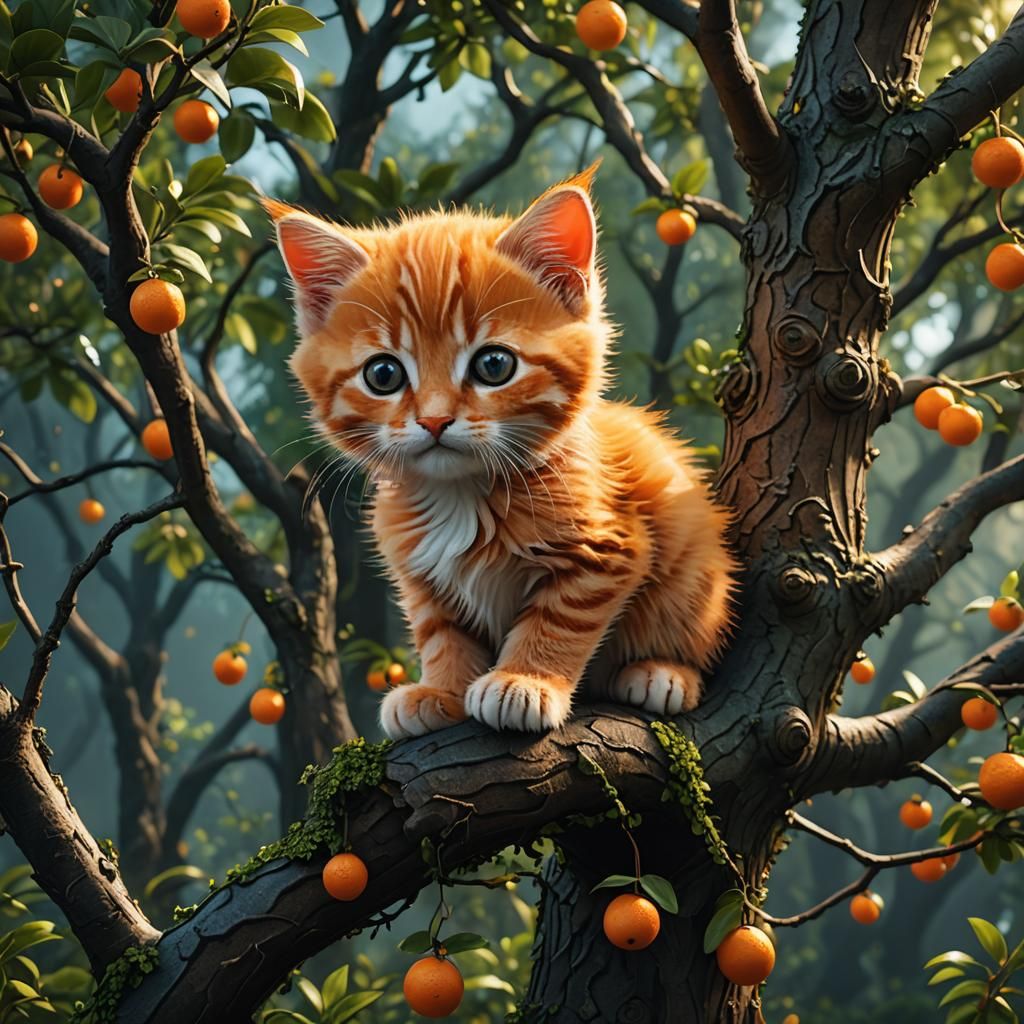 Orange Kitten in Tree: Detailed Matte Painting
