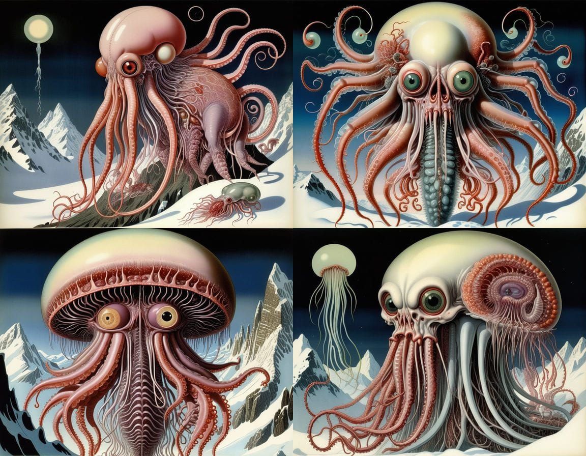 Surreal Yeti Jellyfish Mountain Storm with Internal Organs