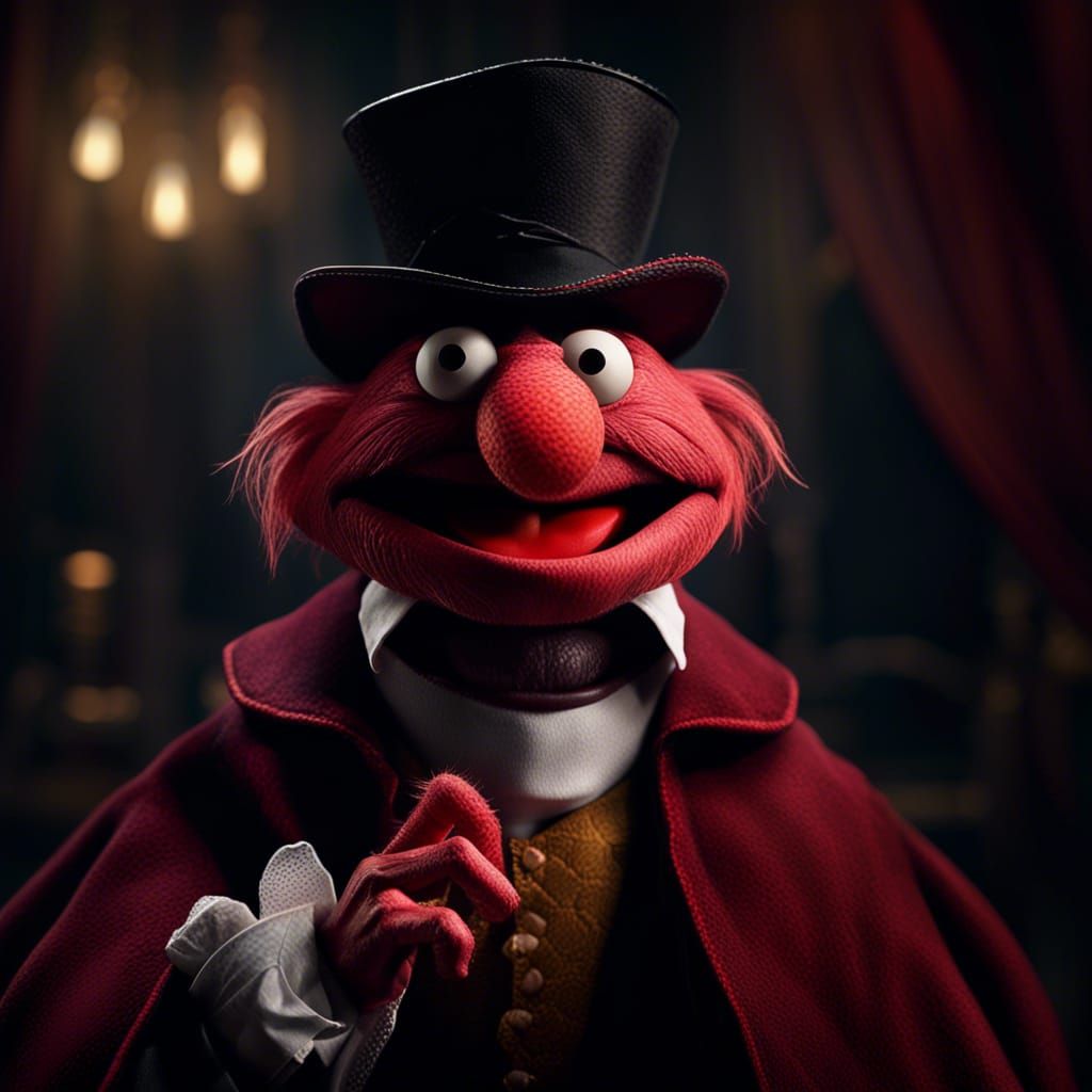 Muppet puppet, Dracula, happy friendly shot captured