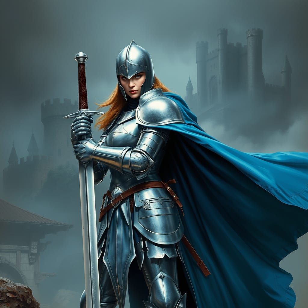 Medieval Female Knight in Silver Plate Armor