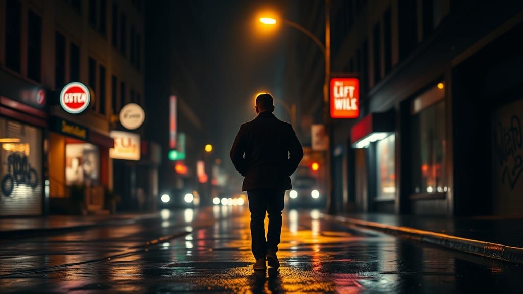 A Moody Urban Figure Walks Alone at Night in a City Street S...