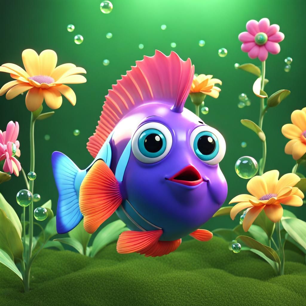 Cute Cartoon Bubble Fish with Flower in 2.5D