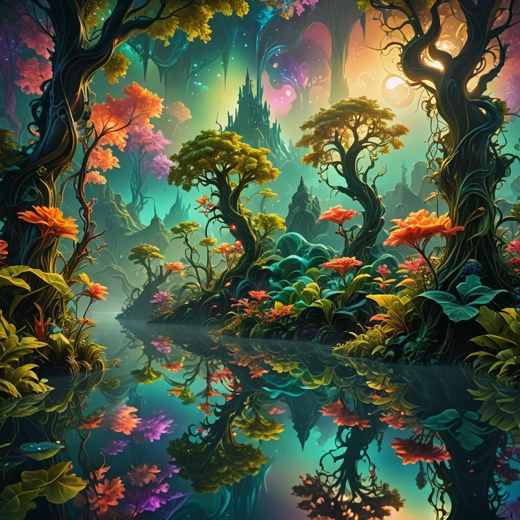 Surreal Fractal Landscape with Lush Plants in Oil