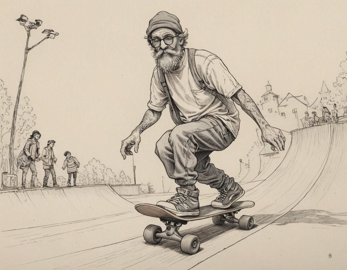 Hipster Skateboarder in Pen and Ink Style