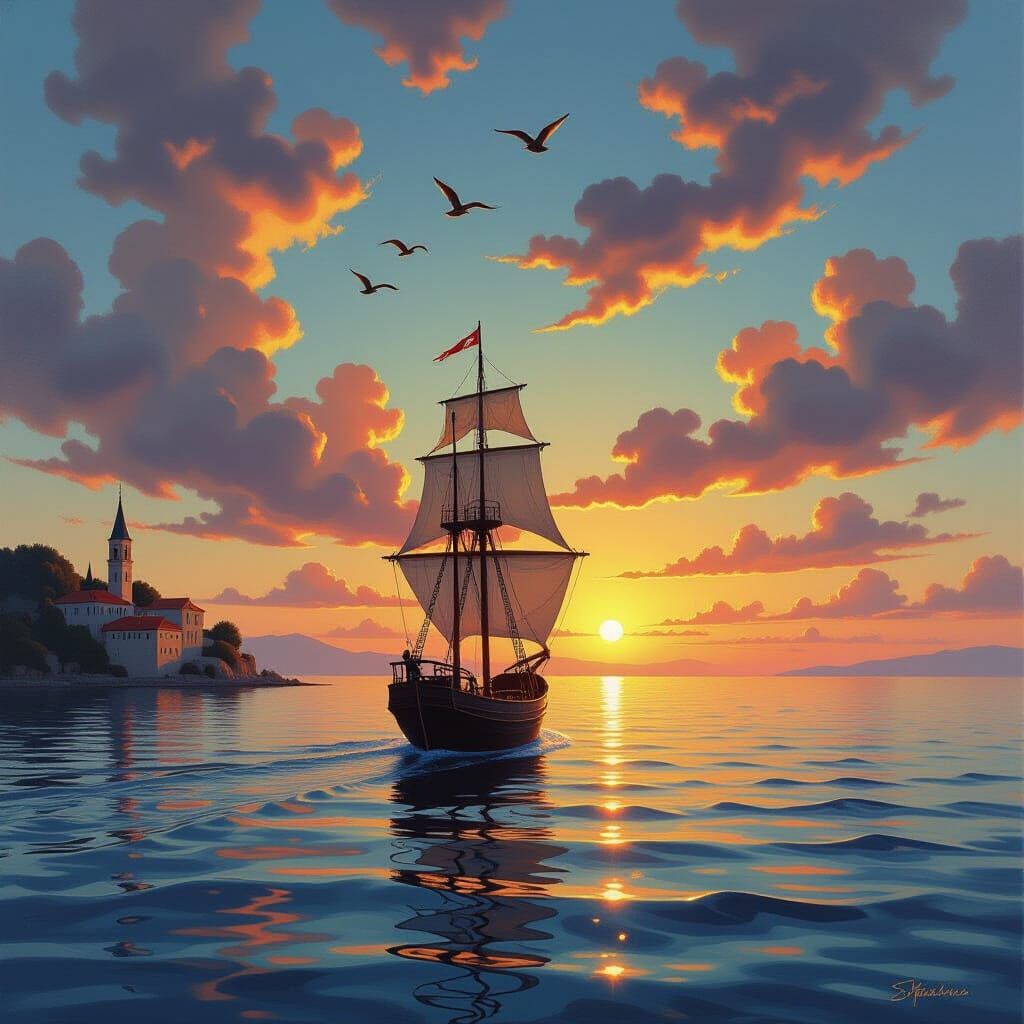 Surreal Cloud Ship Village at Sunset Oil Painting