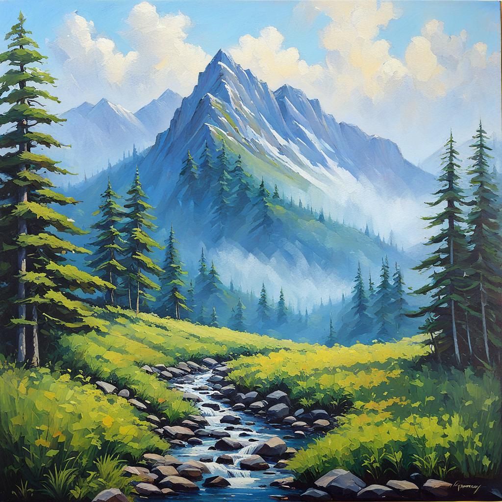 Misty Mountain Landscape in Oil Painting Style